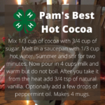 Mix 1/3 cup of cocoa with 3/4 cup of sugar. Melt in a saucepan with 1/3 cup hot water. Summer and stir for two minutes. Now pour in 4 cups milk and warm but do not boil. After you take it from the heat add 3/4 tsp of natural vanilla. Optionally add a few drops of peppermint oil. Makes 4 mugs.