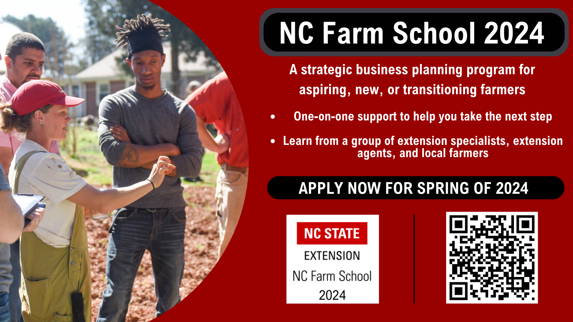 Graphic describing the 2024 NC Farm School program. This immersive program is for aspiring and current farmers to gain business management knowledge and resources to help them start and grow their farms. Composed of 8 sessions focusing on farm business topics (ex. marketing, record keeping, enterprise selection, taxes, etc.) along with 6 day-long field days to see successful farms in action, this program aims to help participants create a solid business plan for their farm operation and foundational knowledge to create and sustain their farm businesses.