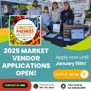 Advertisement promoting vendor applications for the Sanford Farmers' Market