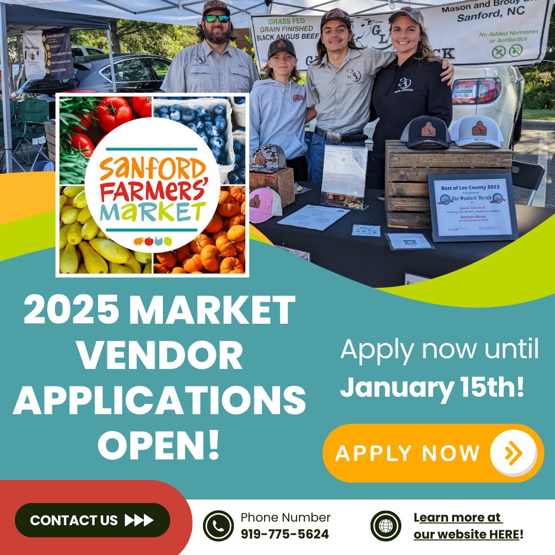 Advertisement promoting vendor applications for the Sanford Farmers' Market